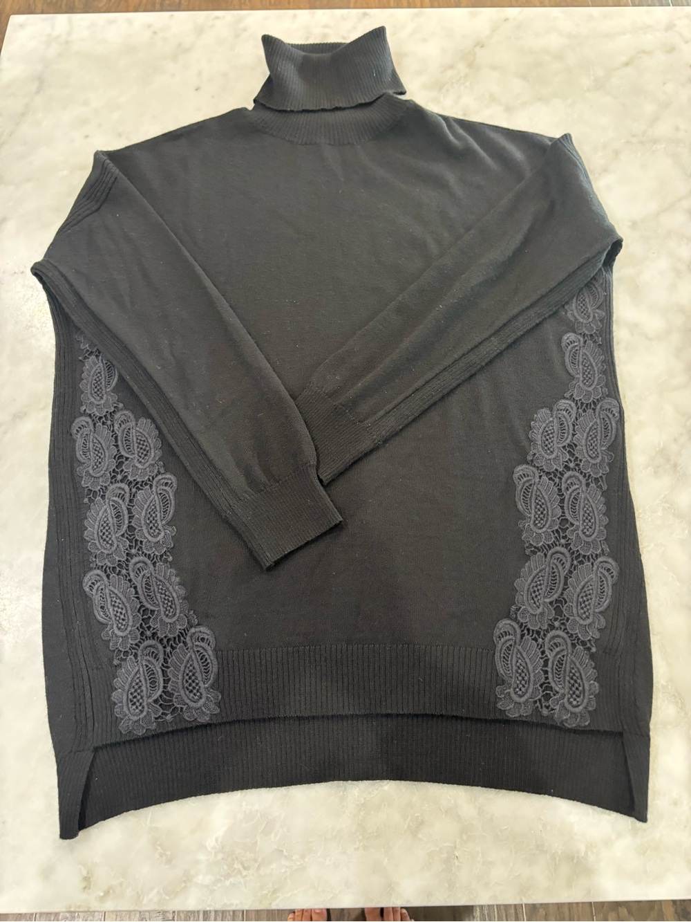 AllSaints Medium Black Wool Blend Lace-Panel Turtleneck Sweater